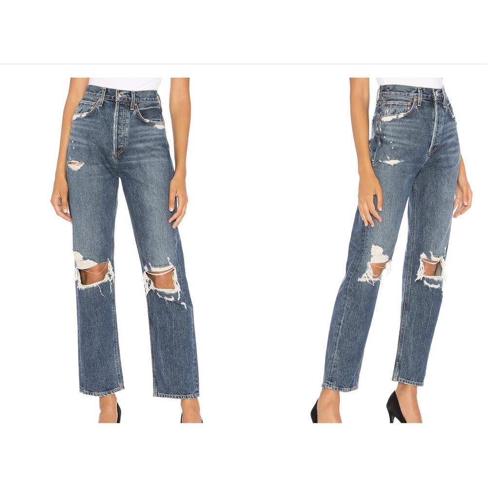 AGOLDE Jeans 28 Blue Denim 90s High Rise Loose Fit Distressed Psyche A095B-811